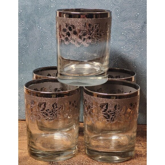MCM Silver Fade Ombre Old Fashioned Glasses Set of 5 Textured Grapes & Leaves - Picture 1 of 12